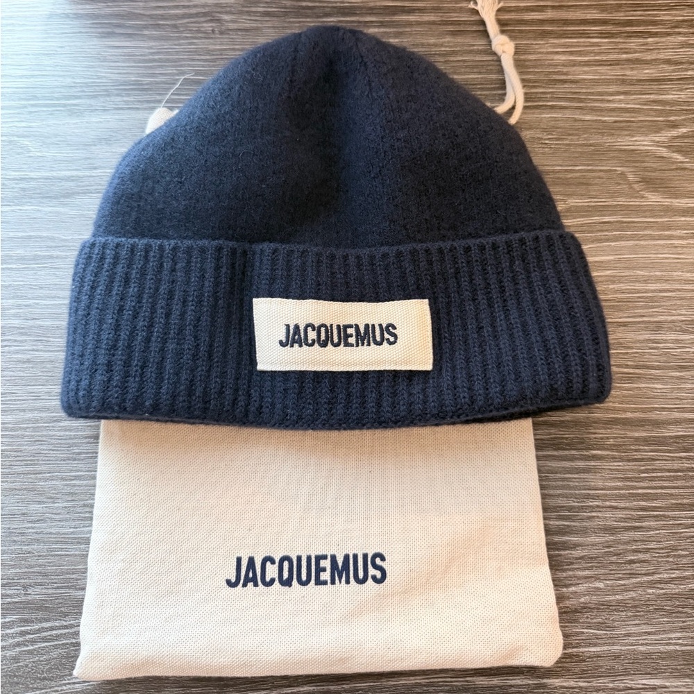 Jacquemus Navy Ribbed Cuff Beanie with Logo Patch